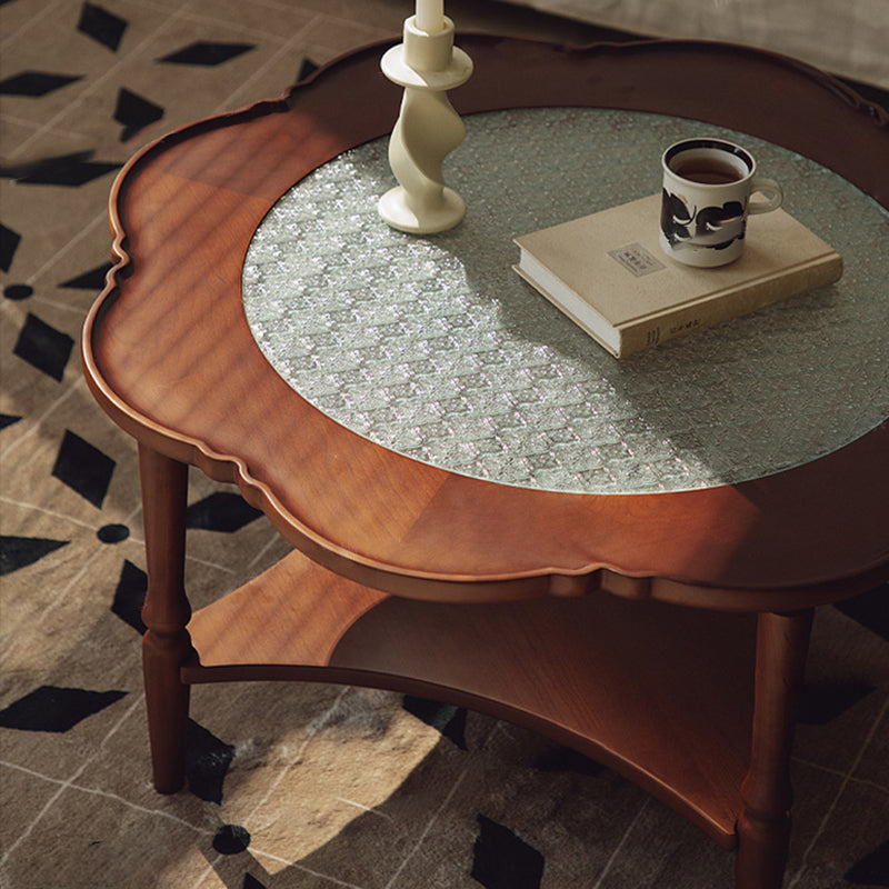 Traditional Vintage Floral-Shaped Solid Wood Glass Coffee Table 2-Tier For Living Room