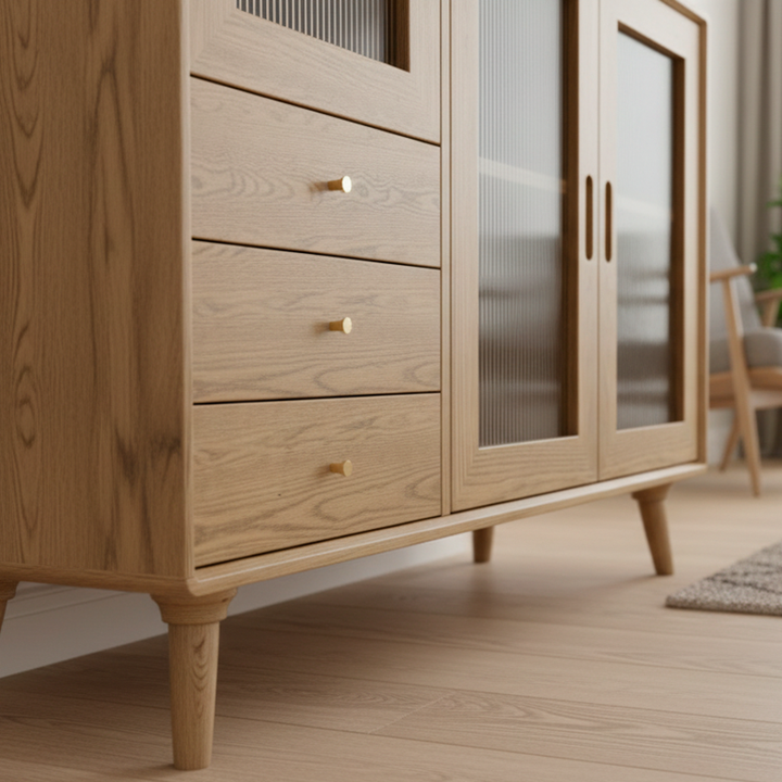 Contemporary Scandinavian North American Ash Wood Storage Cabinet - Rectangular With Hutch Ribbed Glass Storage Sideboard For Dining Room &amp; Kitchen