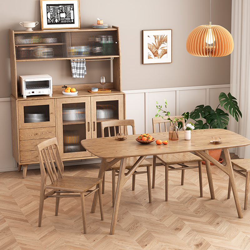 Contemporary Scandinavian North American Ash Wood Storage Cabinet - Rectangular With Hutch Ribbed Glass Storage Sideboard For Dining Room &amp; Kitchen