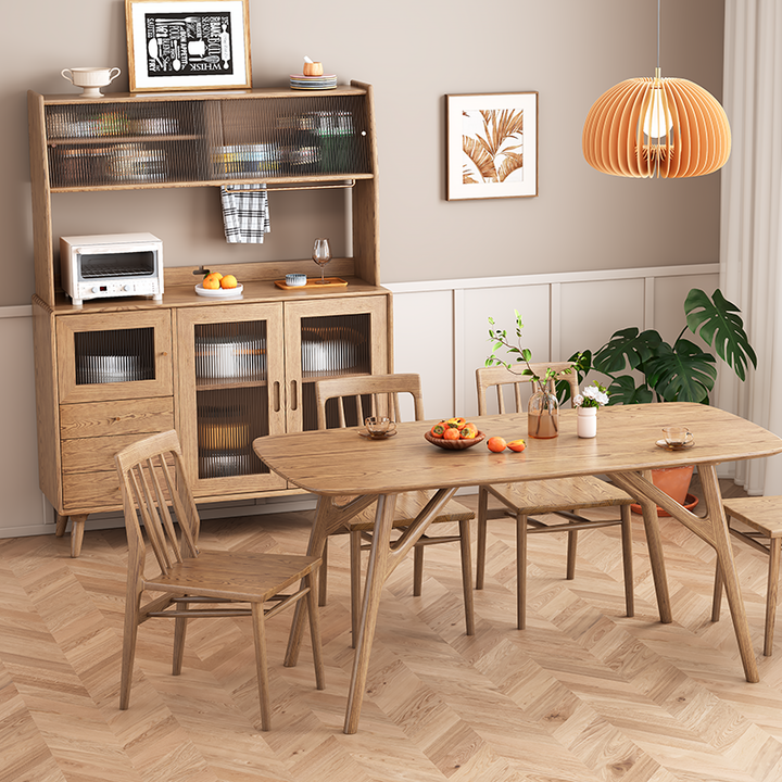 Contemporary Scandinavian North American Ash Wood Storage Cabinet - Rectangular With Hutch Ribbed Glass Storage Sideboard For Dining Room &amp; Kitchen