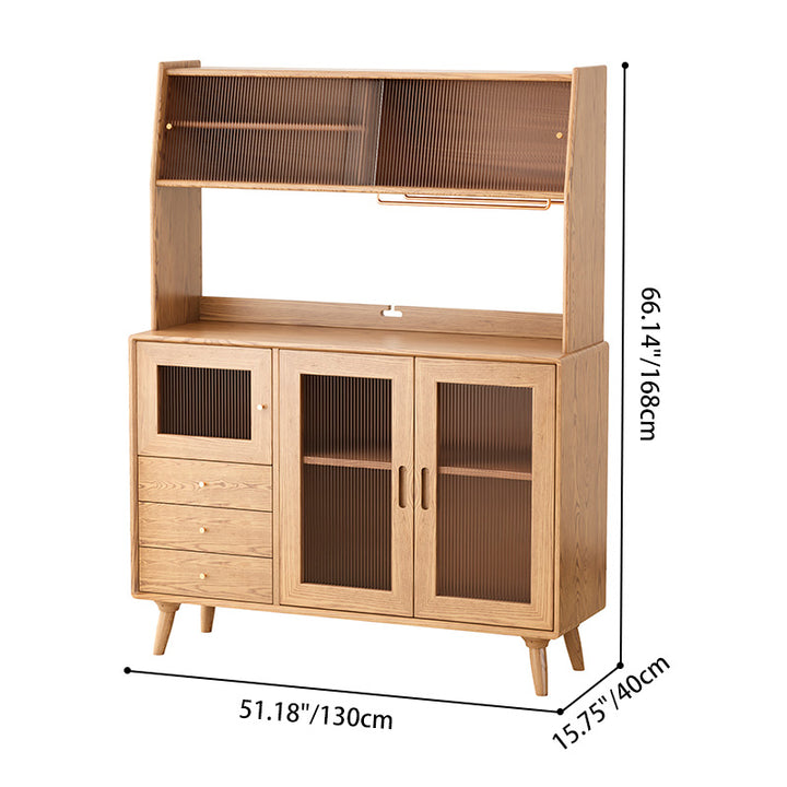 Contemporary Scandinavian North American Ash Wood Storage Cabinet - Rectangular With Hutch Ribbed Glass Storage Sideboard For Dining Room &amp; Kitchen