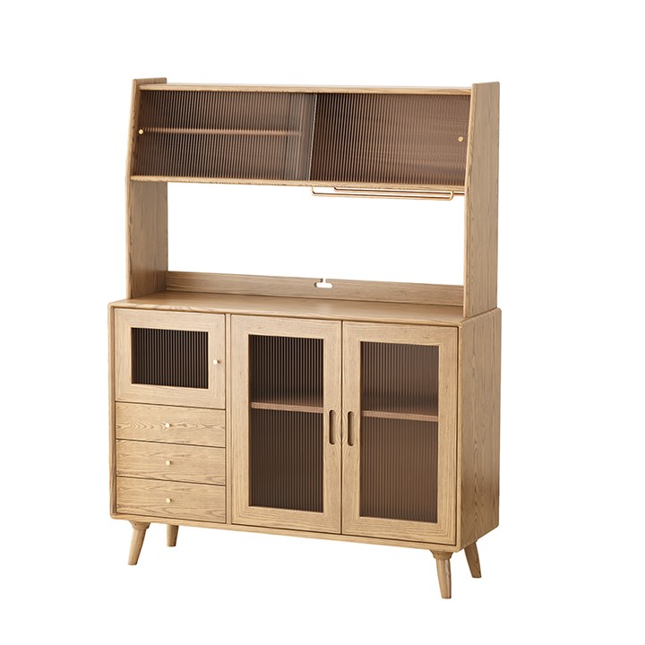 Contemporary Scandinavian North American Ash Wood Storage Cabinet - Rectangular With Hutch Ribbed Glass Storage Sideboard For Dining Room &amp; Kitchen