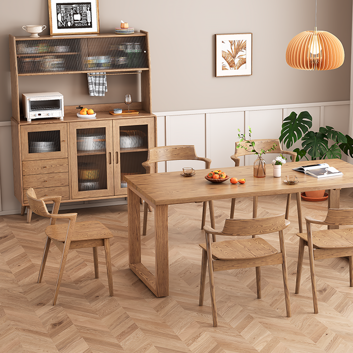 Contemporary Scandinavian North American Ash Wood Storage Cabinet - Rectangular With Hutch Ribbed Glass Storage Sideboard For Dining Room &amp; Kitchen