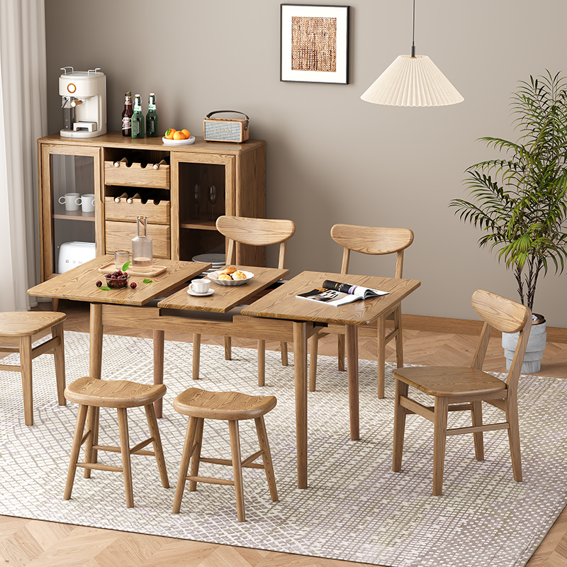 Conjunto de mesa de comedor de madera de fresno escandinavo contemporáneo de América del Norte - Mesa de comedor rectangular con sillas de respaldo elíptico para comedor y cocina 