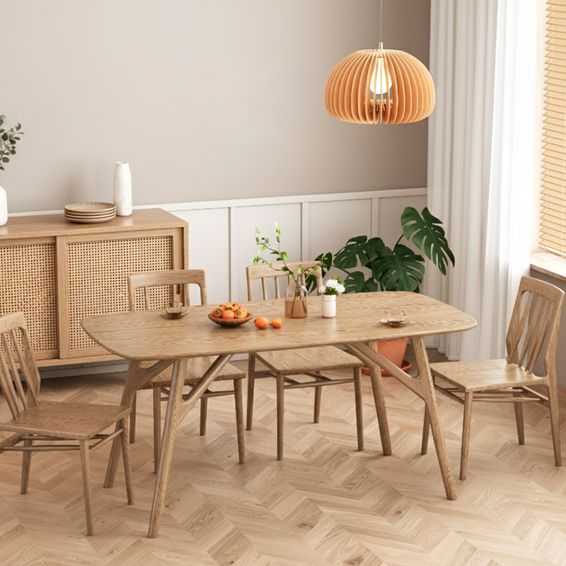 Ensemble de table à manger contemporain en frêne nord-américain nordique - table rectangulaire en bois et chaises courbées pour cuisine et salle à manger 