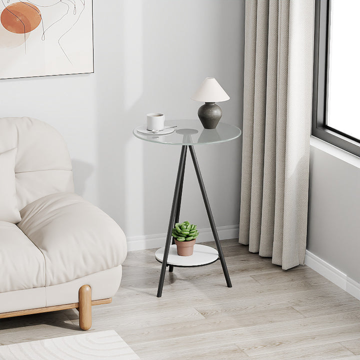 Modern Minimalist Cylindrical Tempered Glass PP Carbon Steel Side Table 2-Tier For Living Room