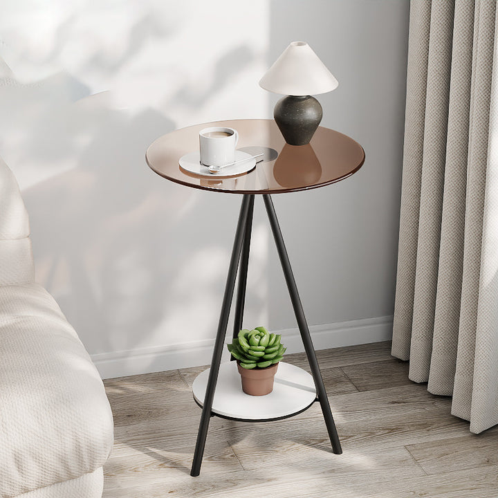 Modern Minimalist Cylindrical Tempered Glass PP Carbon Steel Side Table 2-Tier For Living Room
