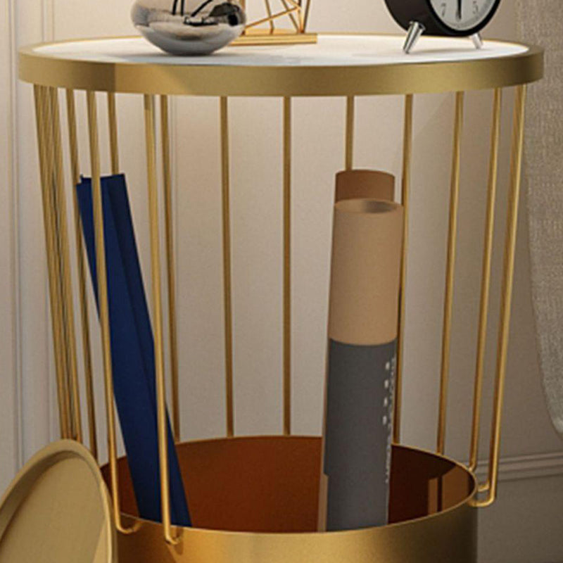 Contemporary Luxury Cylindrical Hollow Design Iron Stone Slab Nightstand 2-Tier For Bedroom