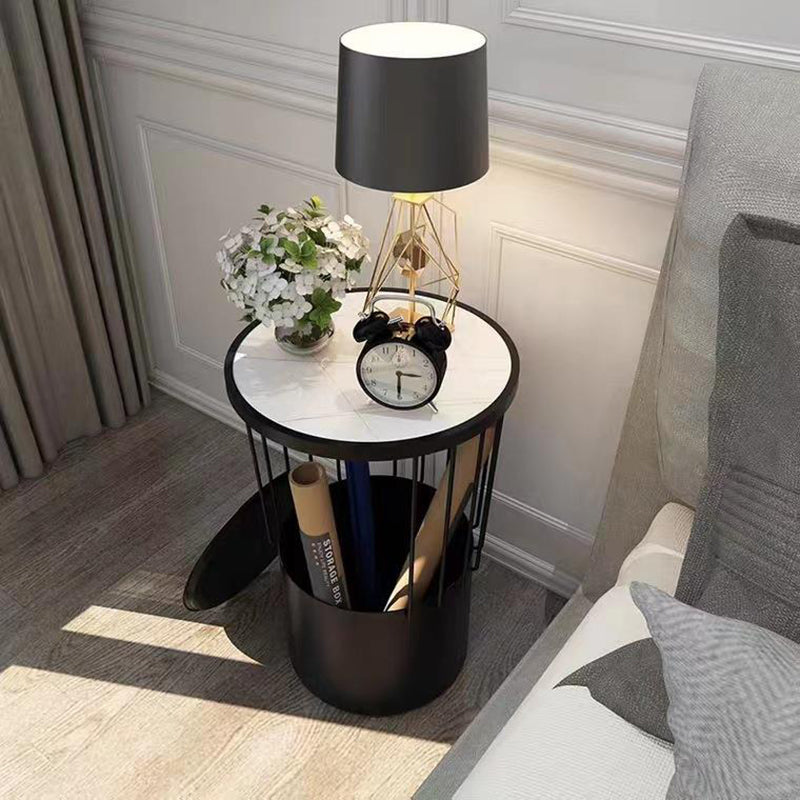 Contemporary Luxury Cylindrical Hollow Design Iron Stone Slab Nightstand 2-Tier For Bedroom