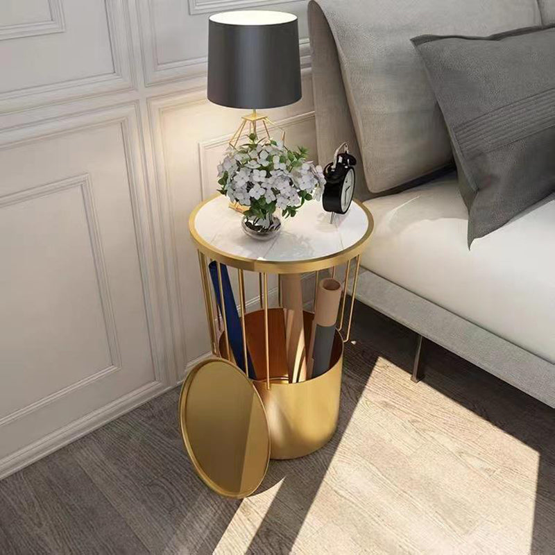 Contemporary Luxury Cylindrical Hollow Design Iron Stone Slab Nightstand 2-Tier For Bedroom
