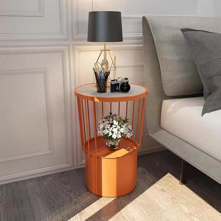Contemporary Luxury Cylindrical Hollow Design Iron Stone Slab Nightstand 2-Tier For Bedroom