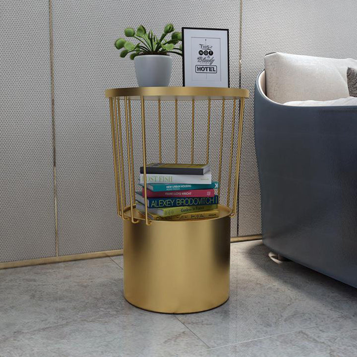 Contemporary Luxury Cylindrical Hollow Design Iron Stone Slab Nightstand 2-Tier For Bedroom