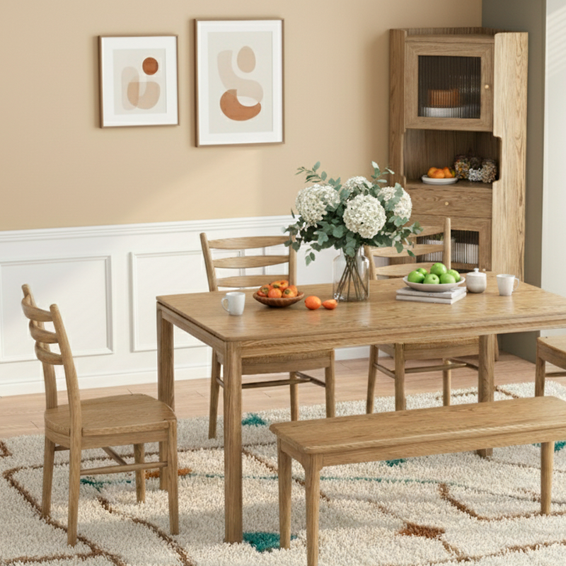 Ensemble de table à manger contemporain en bois de frêne nord-américain scandinave - Table à manger rectangulaire avec chaises à dossier en échelle pour salle à manger et cuisine 