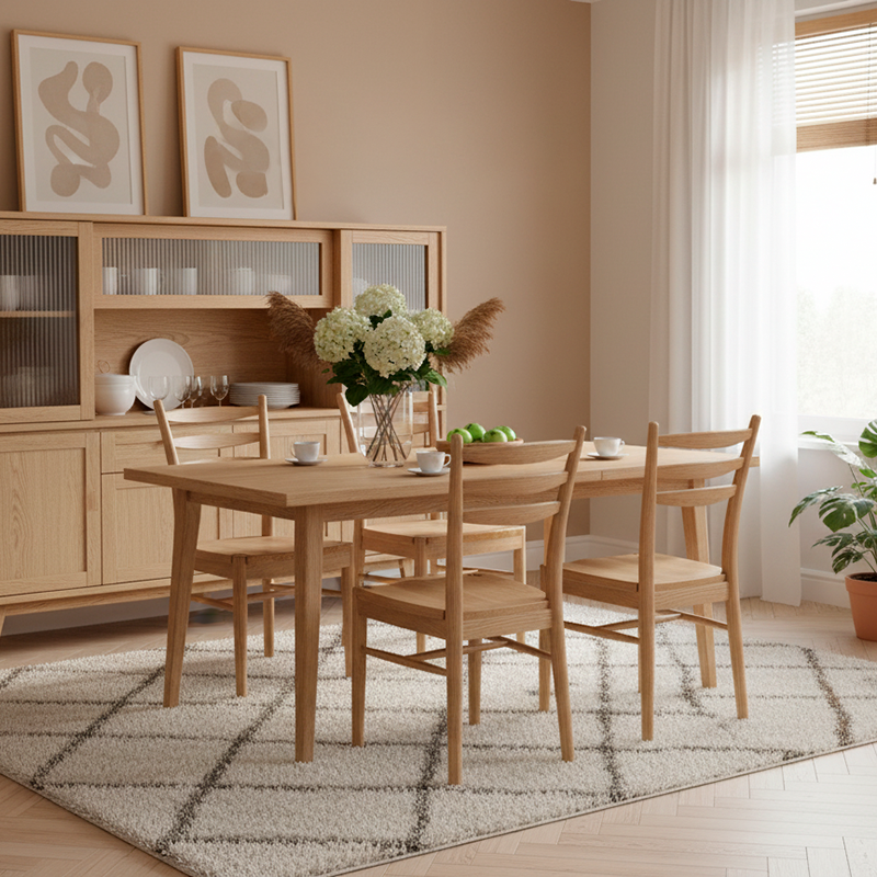 Ensemble de table à manger contemporain en bois de frêne nord-américain scandinave - Table à manger rectangulaire avec chaises à dossier en échelle pour salle à manger et cuisine 