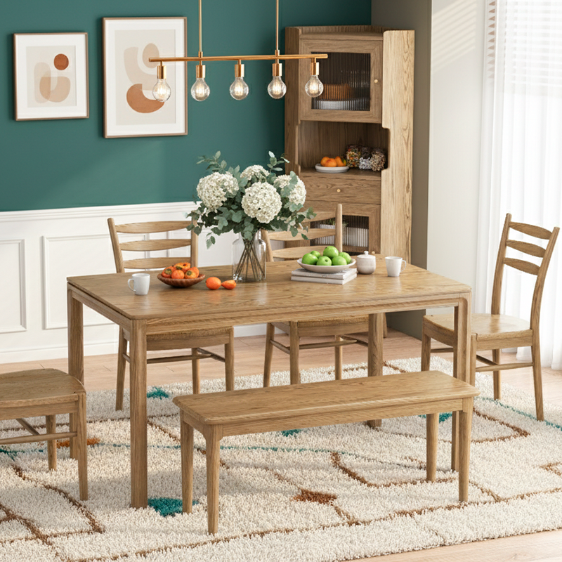 Ensemble de table à manger contemporain en bois de frêne nord-américain scandinave - Table à manger rectangulaire avec chaises à dossier en échelle pour salle à manger et cuisine 