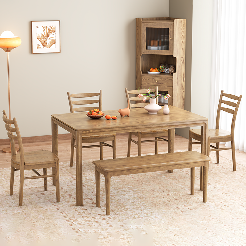 Ensemble de table à manger contemporain en bois de frêne nord-américain scandinave - Table à manger rectangulaire avec chaises à dossier en échelle pour salle à manger et cuisine 