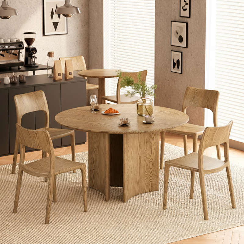 Traditionelles chinesisches nordamerikanisches Eschenholz-Esszimmer-Set - Runder Esstisch mit hohlem Design Rückenlehnenstühlen für Esszimmer &amp; Küche 
