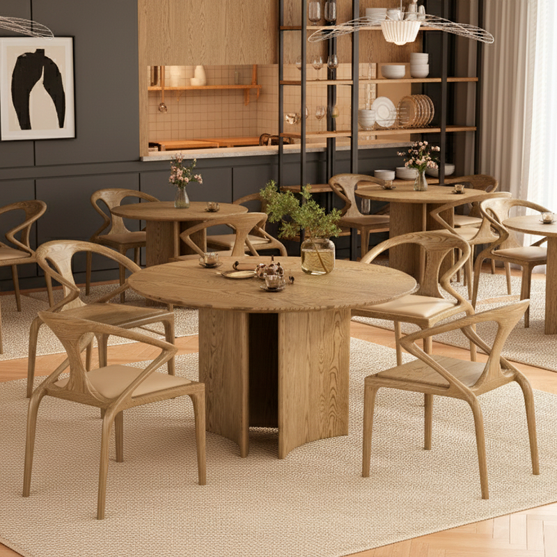 Ensemble de table à manger en bois de frêne nord-américain scandinave contemporain - table à manger ronde avec chaises à dossier courbé pour salle à manger 