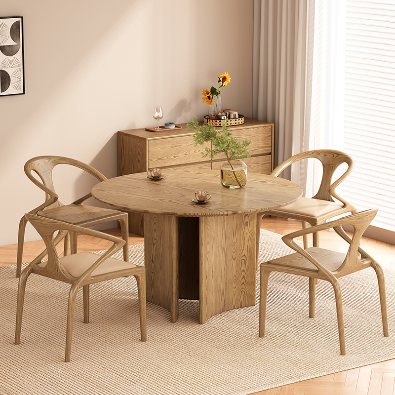Ensemble de table à manger en bois de frêne nord-américain scandinave contemporain - table à manger ronde avec chaises à dossier courbé pour salle à manger 