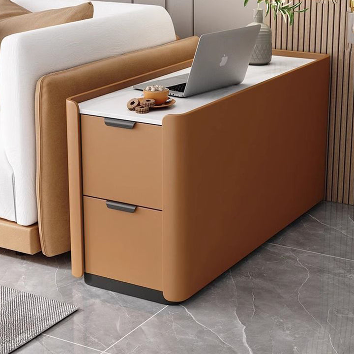 Moderner minimalistischer rechteckiger mehrschichtiger Sperrholz-Steinplatten-Mikrofaserleder-Beistelltisch mit 2 Schubladen für das Wohnzimmer 