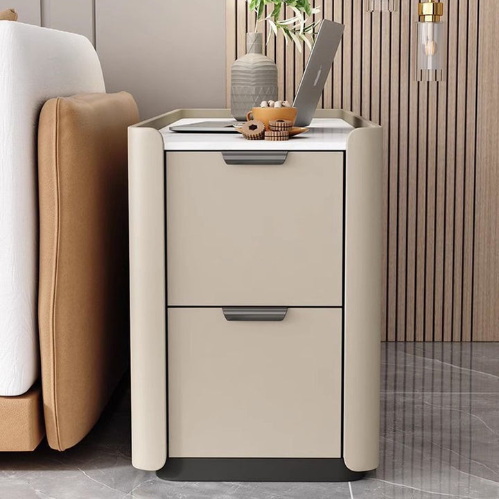 Moderner minimalistischer rechteckiger mehrschichtiger Sperrholz-Steinplatten-Mikrofaserleder-Beistelltisch mit 2 Schubladen für das Wohnzimmer 