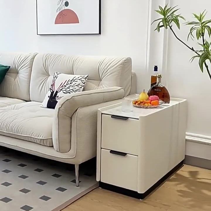 Moderner minimalistischer rechteckiger mehrschichtiger Sperrholz-Steinplatten-Mikrofaserleder-Beistelltisch mit 2 Schubladen für das Wohnzimmer 