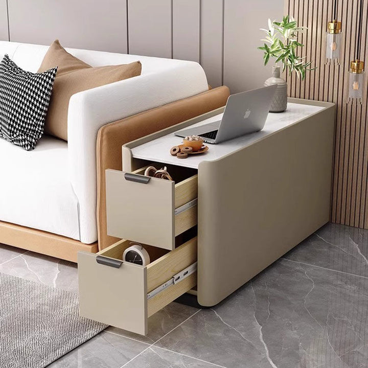 Moderner minimalistischer rechteckiger mehrschichtiger Sperrholz-Steinplatten-Mikrofaserleder-Beistelltisch mit 2 Schubladen für das Wohnzimmer 
