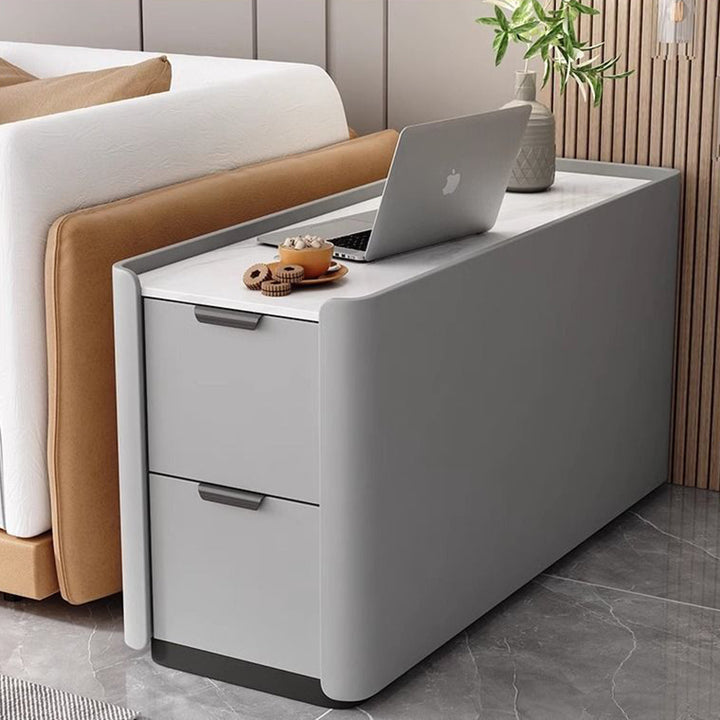 Moderner minimalistischer rechteckiger mehrschichtiger Sperrholz-Steinplatten-Mikrofaserleder-Beistelltisch mit 2 Schubladen für das Wohnzimmer 