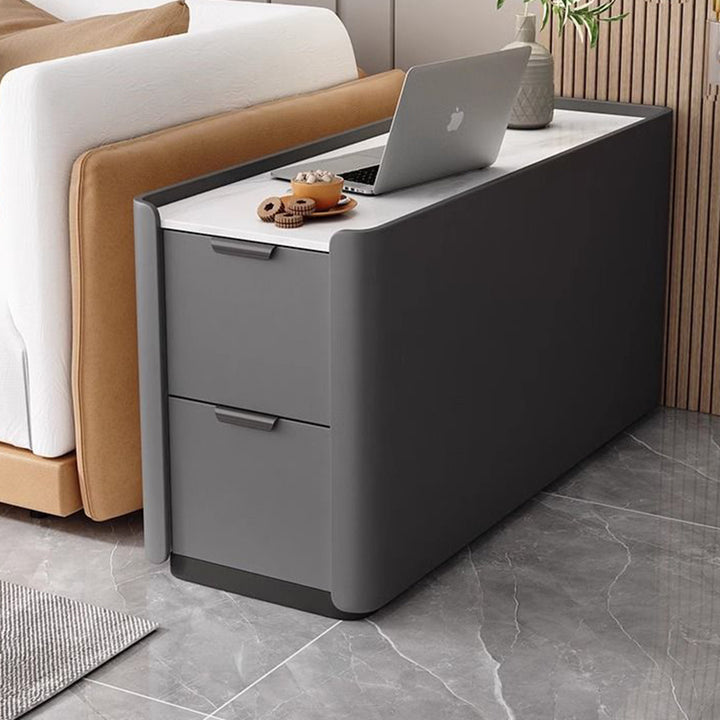 Moderner minimalistischer rechteckiger mehrschichtiger Sperrholz-Steinplatten-Mikrofaserleder-Beistelltisch mit 2 Schubladen für das Wohnzimmer 