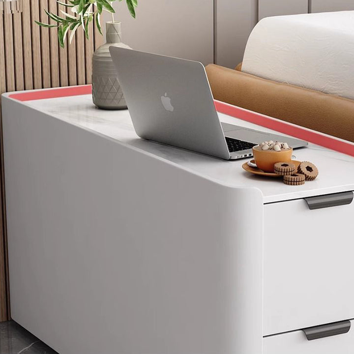 Moderner minimalistischer rechteckiger mehrschichtiger Sperrholz-Steinplatten-Mikrofaserleder-Beistelltisch mit 2 Schubladen für das Wohnzimmer 