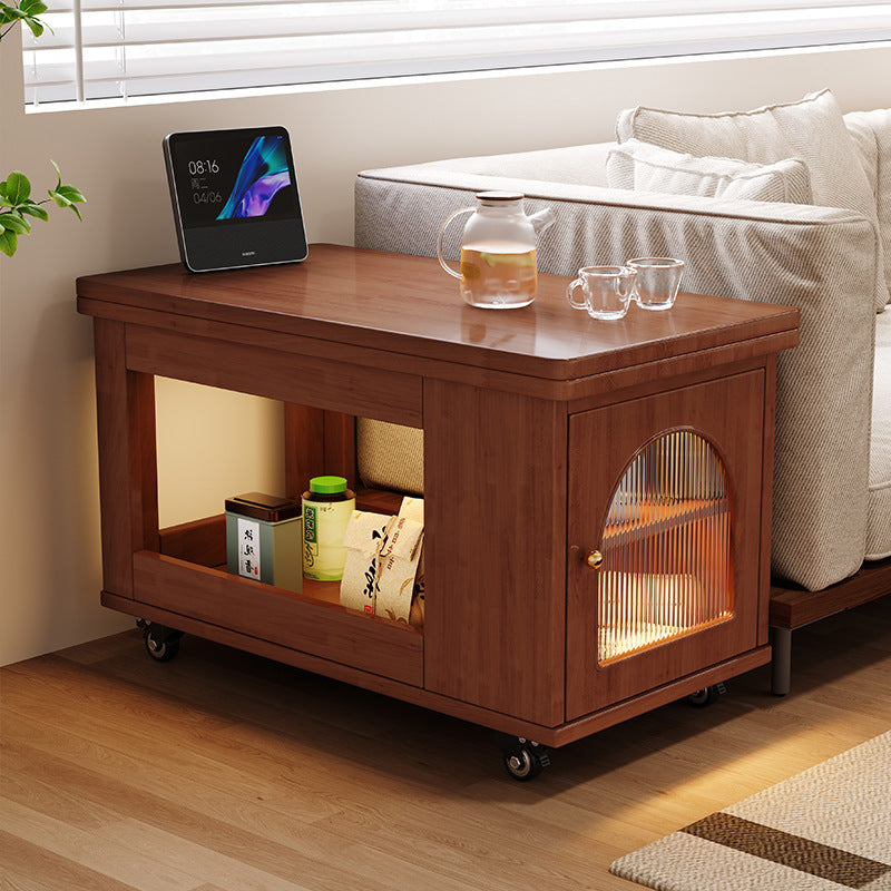 Mesa de centro contemporánea rectangular estilo carrito de madera maciza con vidrio de 2 niveles para sala de estar 