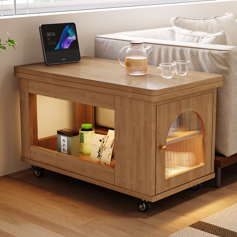 Mesa de centro contemporánea rectangular estilo carrito de madera maciza con vidrio de 2 niveles para sala de estar 