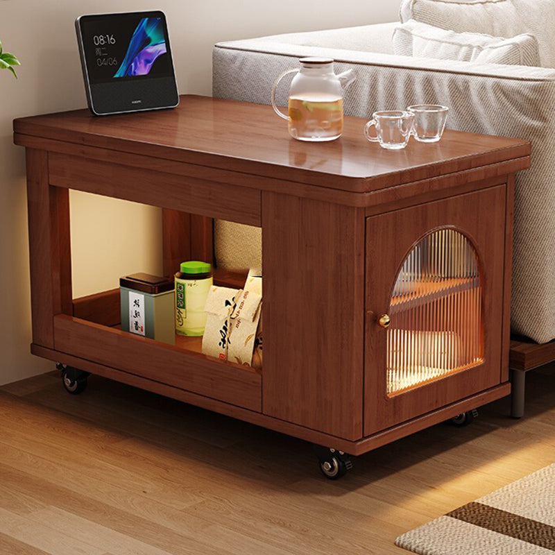 Mesa de centro contemporánea rectangular estilo carrito de madera maciza con vidrio de 2 niveles para sala de estar 