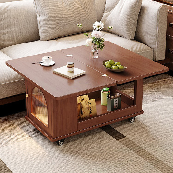 Mesa de centro contemporánea rectangular estilo carrito de madera maciza con vidrio de 2 niveles para sala de estar 
