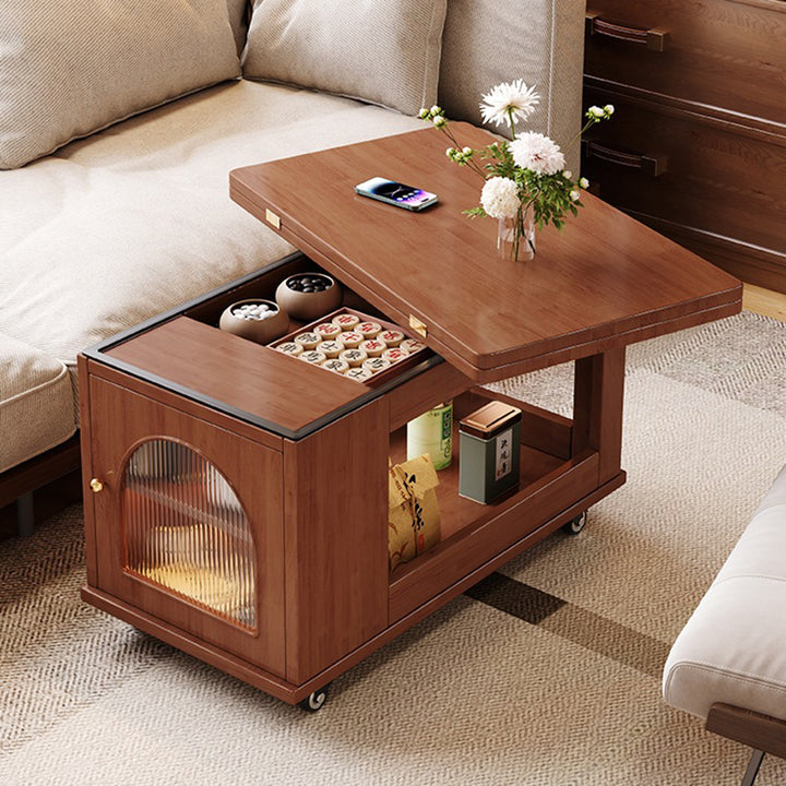 Mesa de centro contemporánea rectangular estilo carrito de madera maciza con vidrio de 2 niveles para sala de estar 
