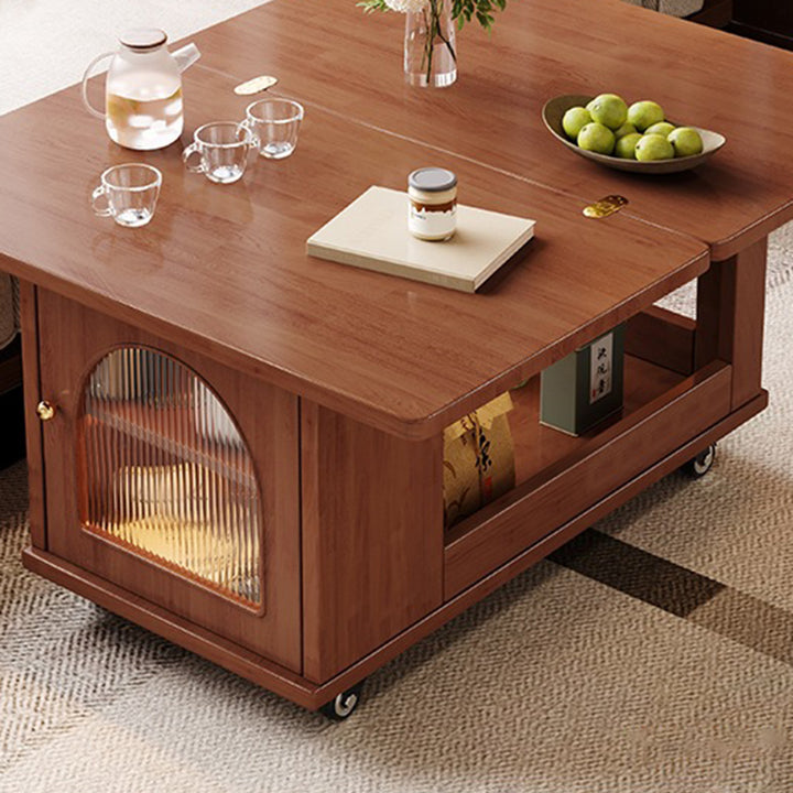 Mesa de centro contemporánea rectangular estilo carrito de madera maciza con vidrio de 2 niveles para sala de estar 