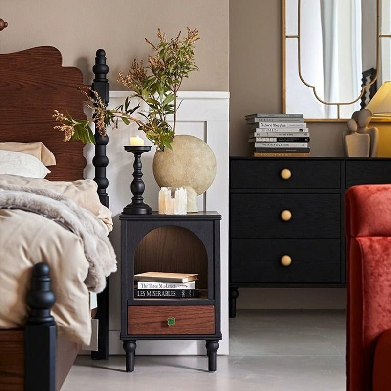 Traditional French Rectangular Arch-Top North American Red Oak Multi-Layer Plywood Nightstand 1-Drawer For Bedroom