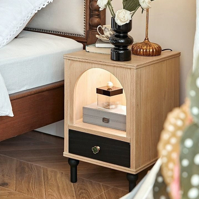 Traditional French Rectangular Arch-Top North American Red Oak Multi-Layer Plywood Nightstand 1-Drawer For Bedroom