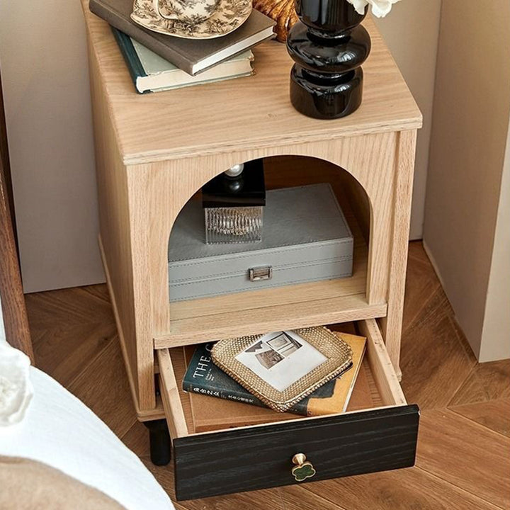 Traditional French Rectangular Arch-Top North American Red Oak Multi-Layer Plywood Nightstand 1-Drawer For Bedroom