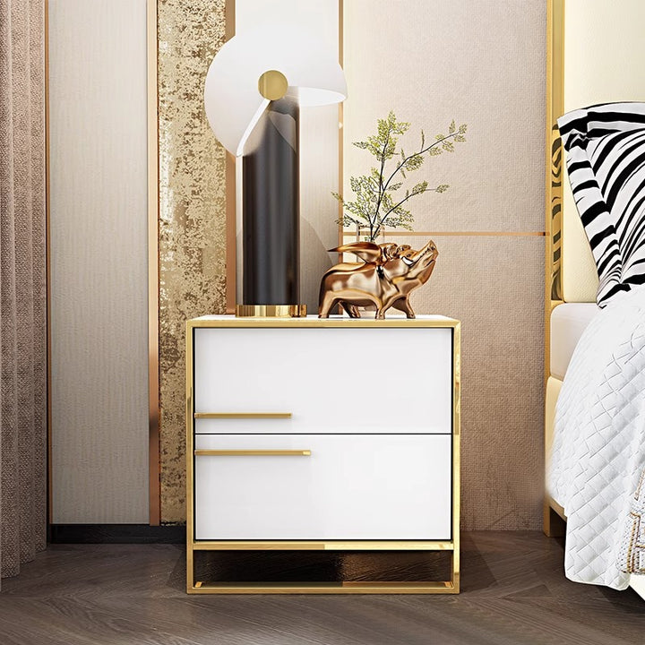 Contemporary Luxury Rectangular MDF Stainless Steel Pine Wood Nightstand 2-Drawer For Bedroom