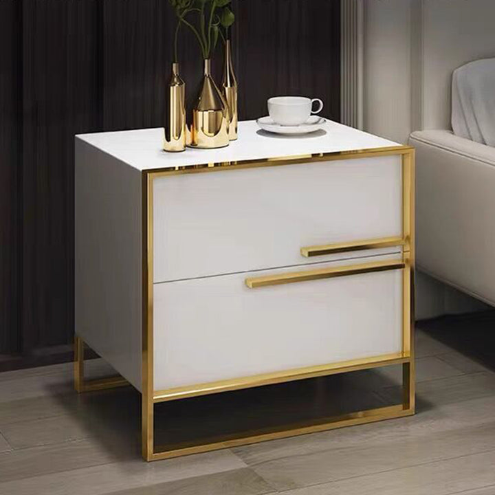 Contemporary Luxury Rectangular MDF Stainless Steel Pine Wood Nightstand 2-Drawer For Bedroom