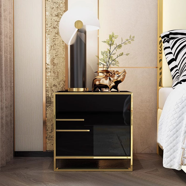 Contemporary Luxury Rectangular MDF Stainless Steel Pine Wood Nightstand 2-Drawer For Bedroom