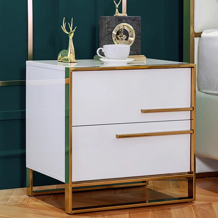 Contemporary Luxury Rectangular MDF Stainless Steel Pine Wood Nightstand 2-Drawer For Bedroom