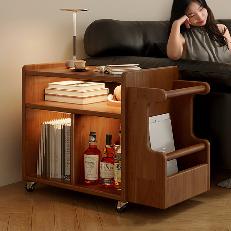 Contemporary Creative Rectangular Handcart-Shaped Glass Solid Wood Side Table 3-Tier For Bedroom