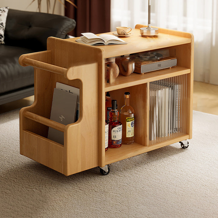 Contemporary Creative Rectangular Handcart-Shaped Glass Solid Wood Side Table 3-Tier For Bedroom