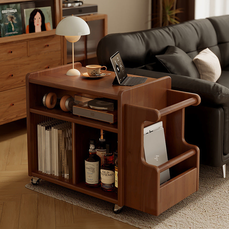 Contemporary Creative Rectangular Handcart-Shaped Glass Solid Wood Side Table 3-Tier For Bedroom