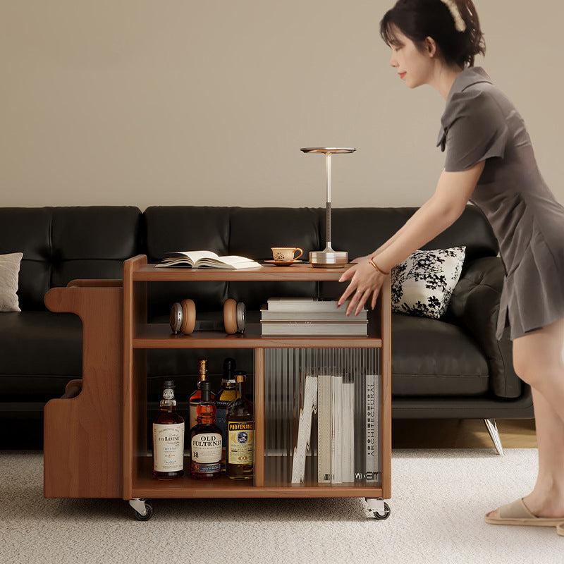 Contemporary Creative Rectangular Handcart-Shaped Glass Solid Wood Side Table 3-Tier For Bedroom