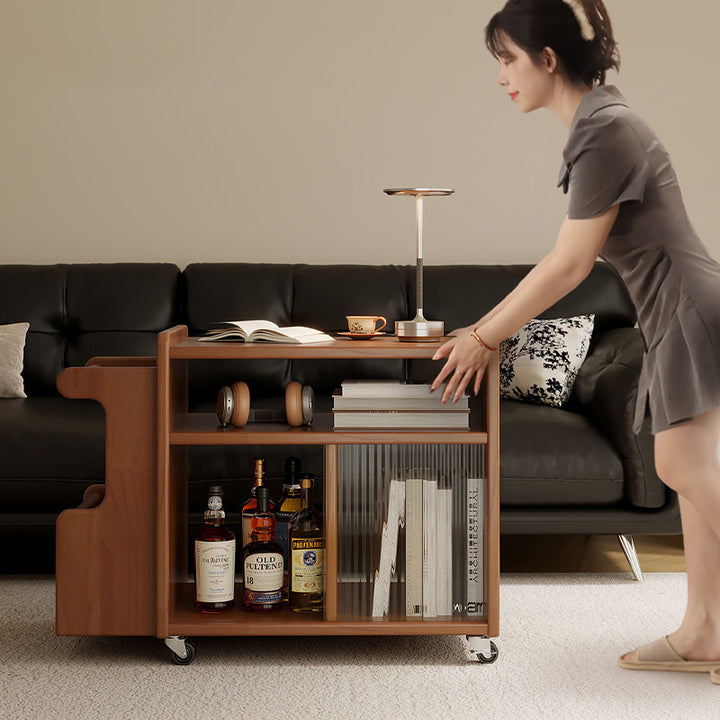 Contemporary Creative Rectangular Handcart-Shaped Glass Solid Wood Side Table 3-Tier For Bedroom