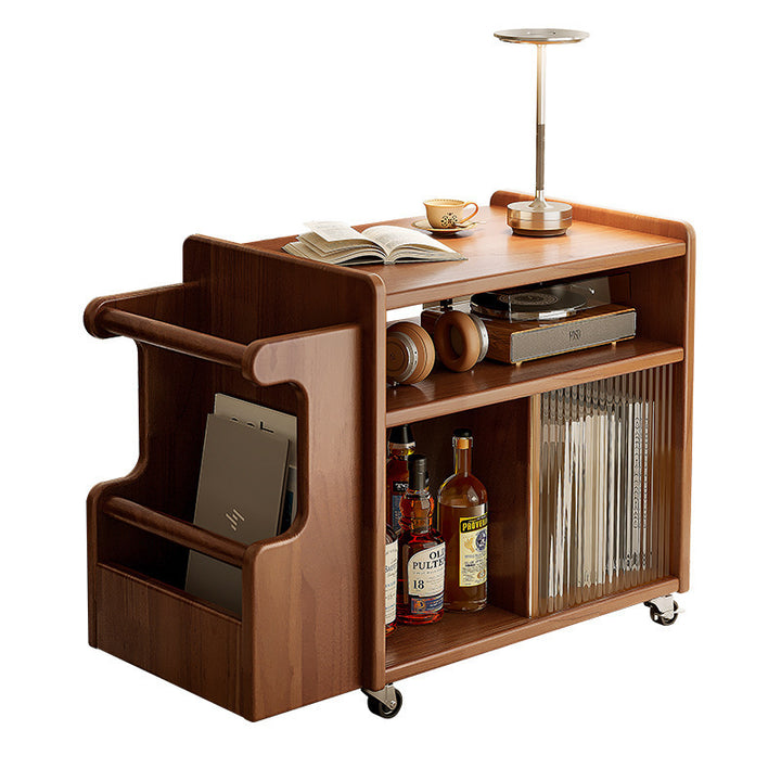 Contemporary Creative Rectangular Handcart-Shaped Glass Solid Wood Side Table 3-Tier For Bedroom