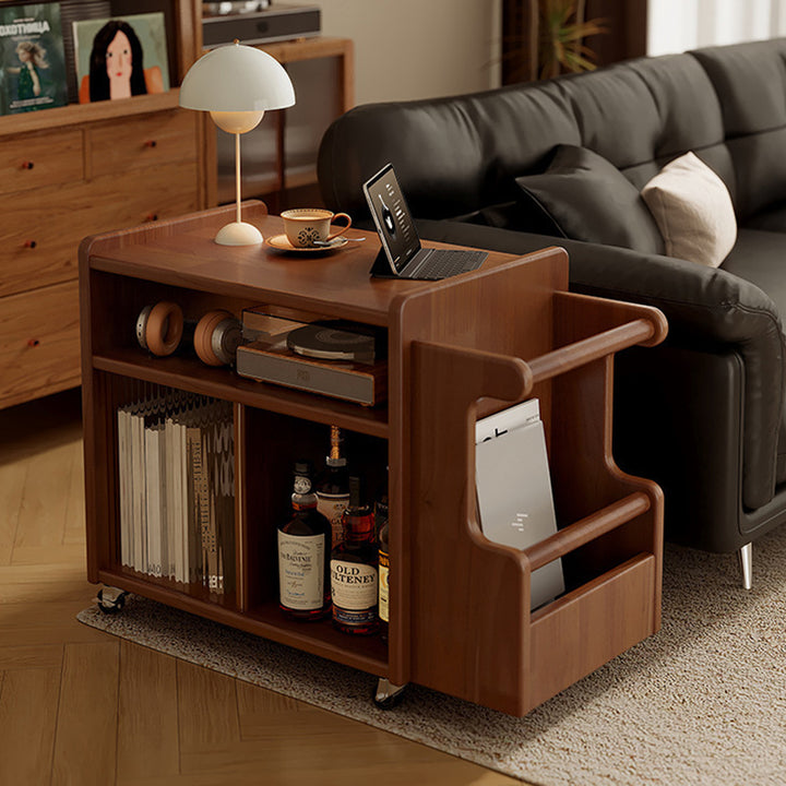Contemporary Creative Rectangular Handcart-Shaped Glass Solid Wood Side Table 3-Tier For Bedroom